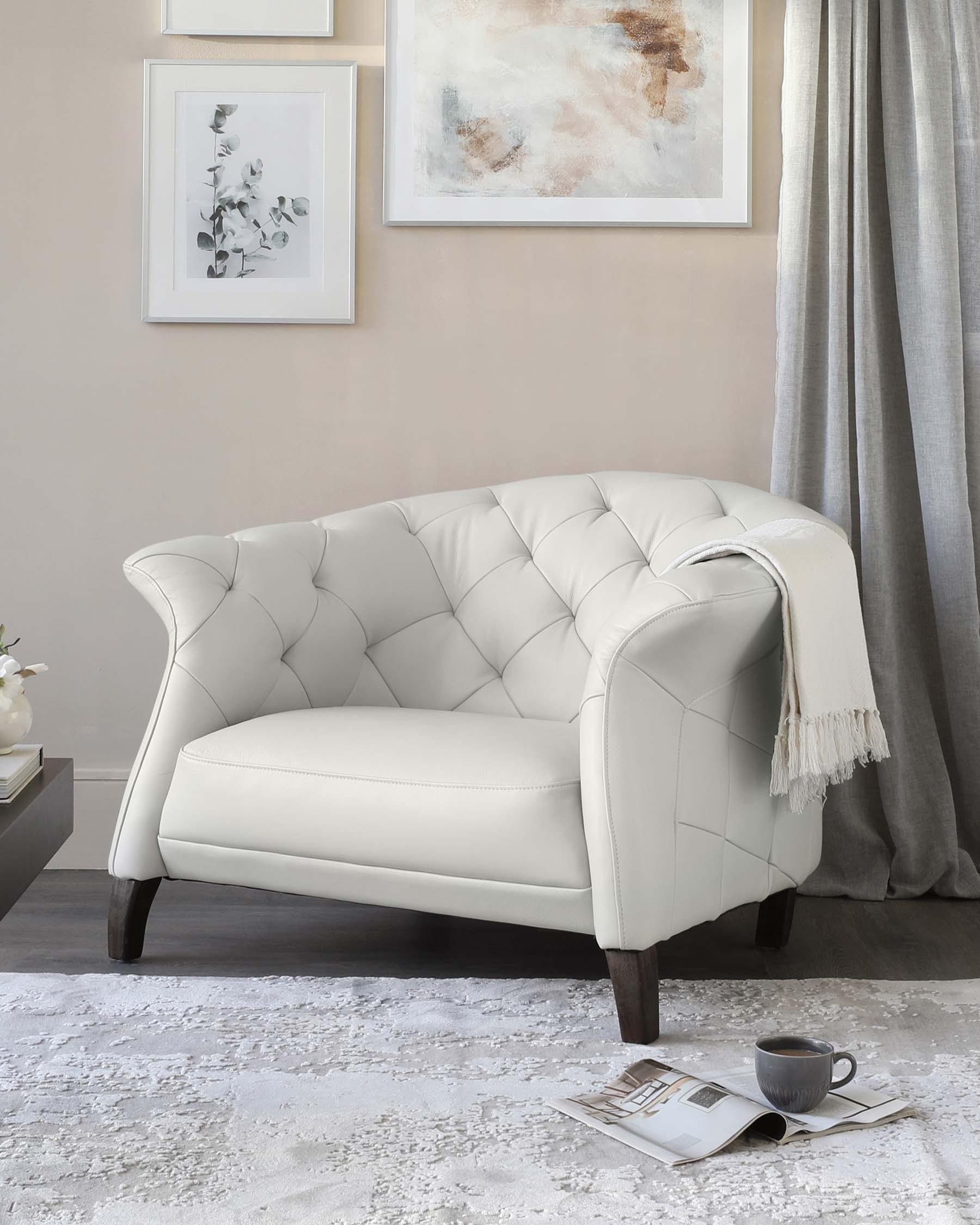 Luxe Modern White Real Leather And Dark Wood Leg Armchair