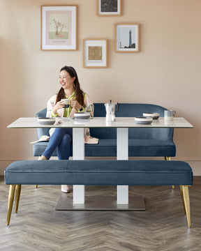 Mellow Dark Blue Velvet And Brass 3 Seater Bench Without Backrest