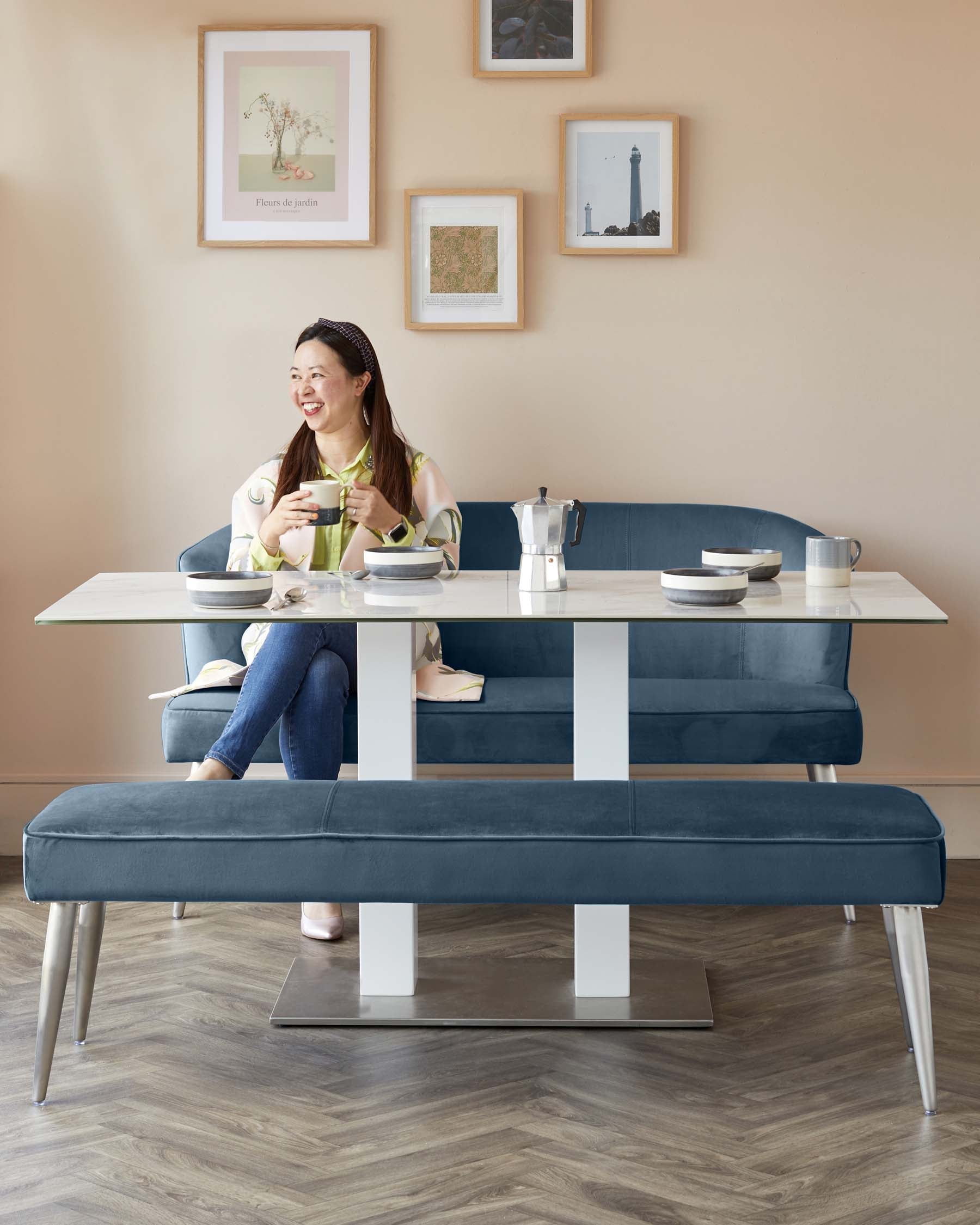 Mellow Dark Blue Velvet 3 Seater Bench Without Backrest