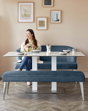 Mellow Dark Blue Velvet 3 Seater Bench Without Backrest