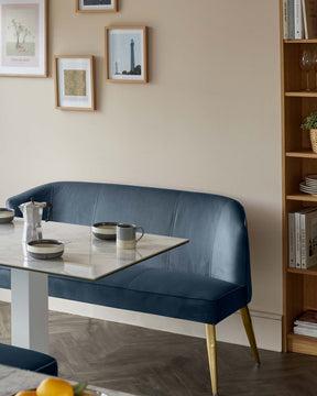 Mellow Dark Blue Velvet 3 Seater Dining Bench With Backrest