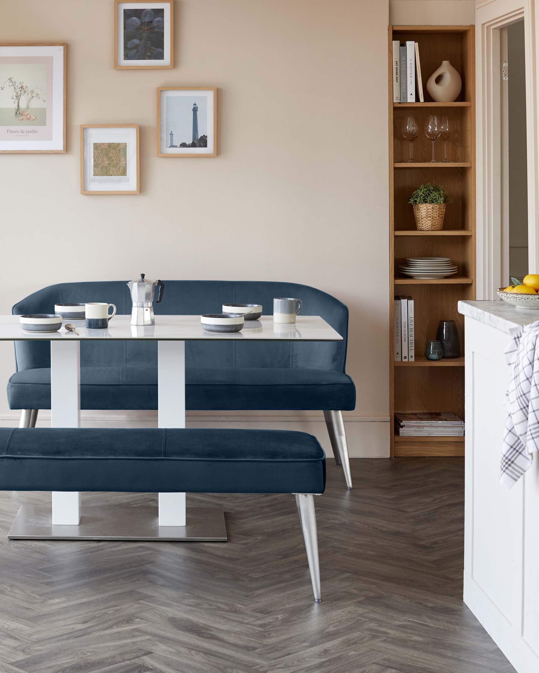 Mellow Dark Blue Velvet 3 Seater Bench Without Backrest