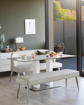 Mellow Light Grey Faux Leather Stainless Steel 3 Seater Dining Bench With Backrest
