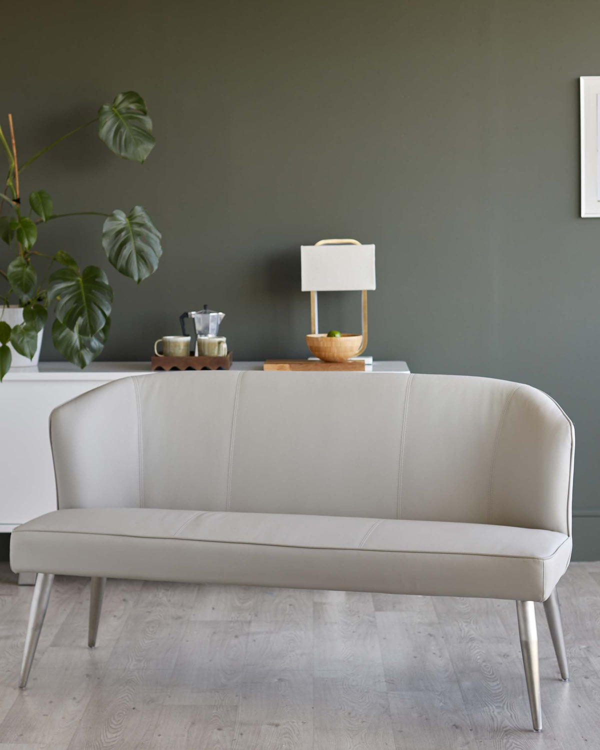 Mellow Light Grey Faux Leather Stainless Steel 3 Seater Dining Bench With Backrest