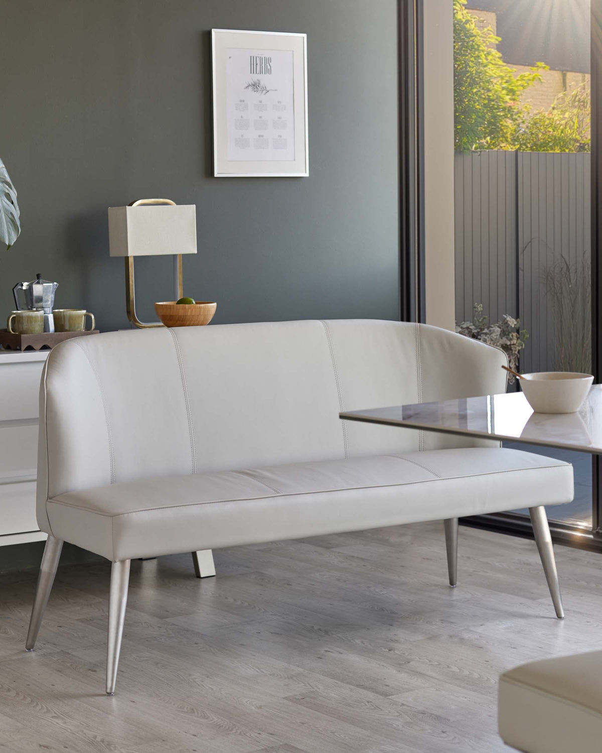 Mellow Light Grey Faux Leather Stainless Steel 3 Seater Dining Bench With Backrest