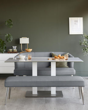 Mellow Mid Grey Faux Leather 3 Seater Stainless Steel Dining Bench with Backrest