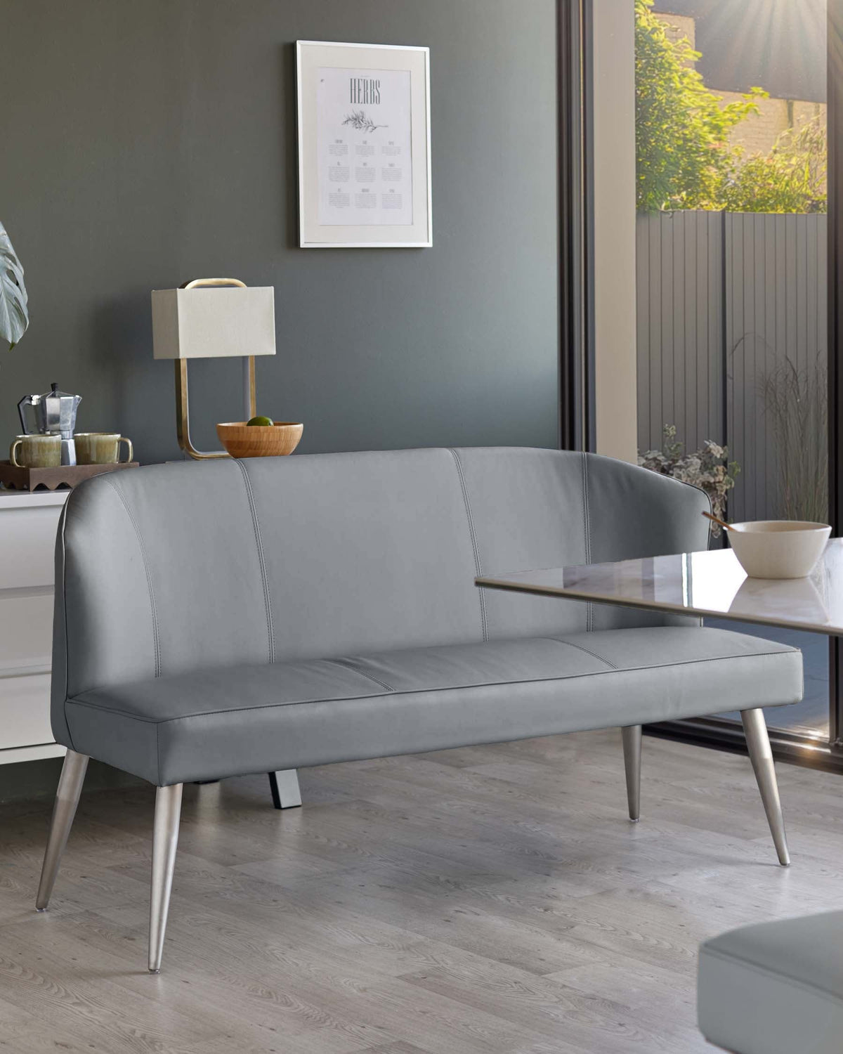 Mellow Mid Grey Faux Leather 3 Seater Stainless Steel Dining Bench with Backrest
