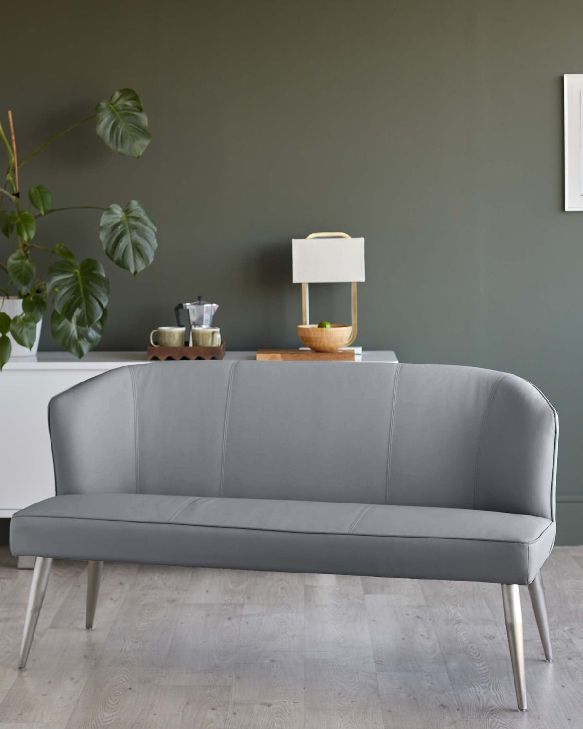 Mellow Mid Grey Faux Leather 3 Seater Stainless Steel Dining Bench with Backrest