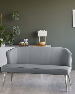 Mellow Mid Grey Faux Leather 3 Seater Stainless Steel Dining Bench with Backrest