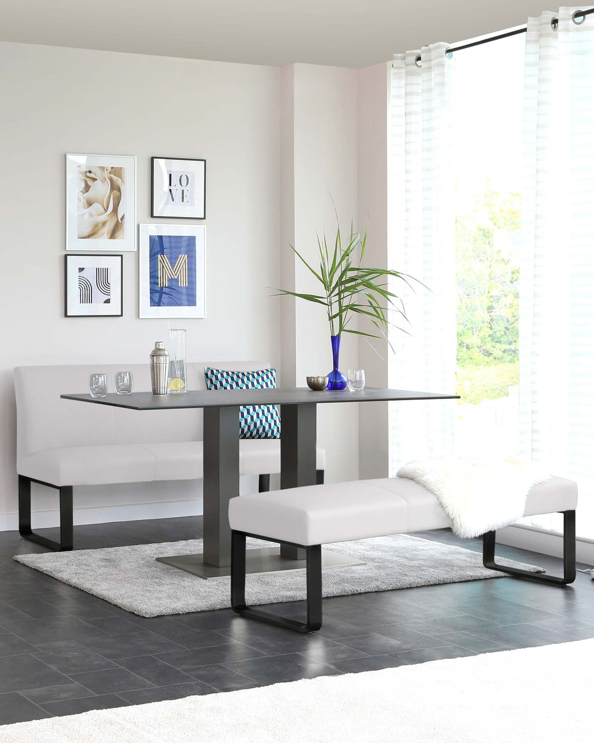 Loop 3 Seater Bench Light Grey Faux Leather & Black Leg Bench Without Backrest