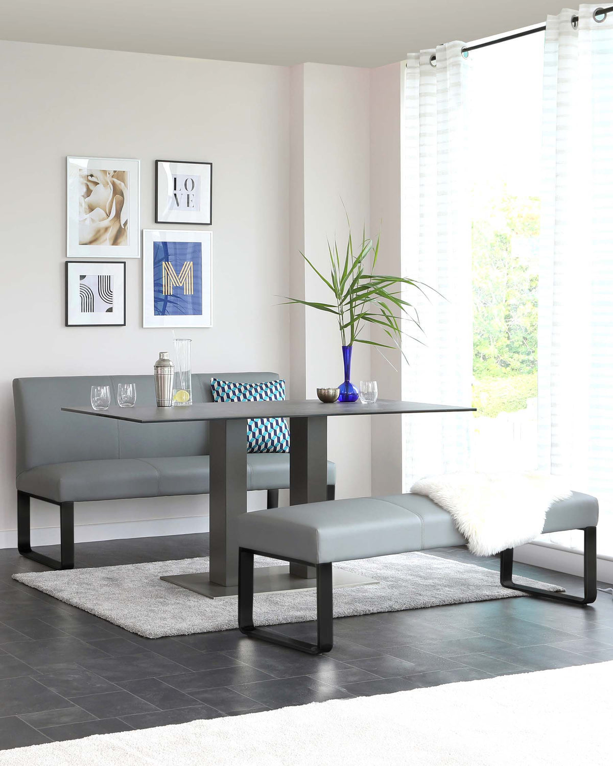 Loop Mid Grey Faux Leather & black leg 3 Seater Bench Without Backrest