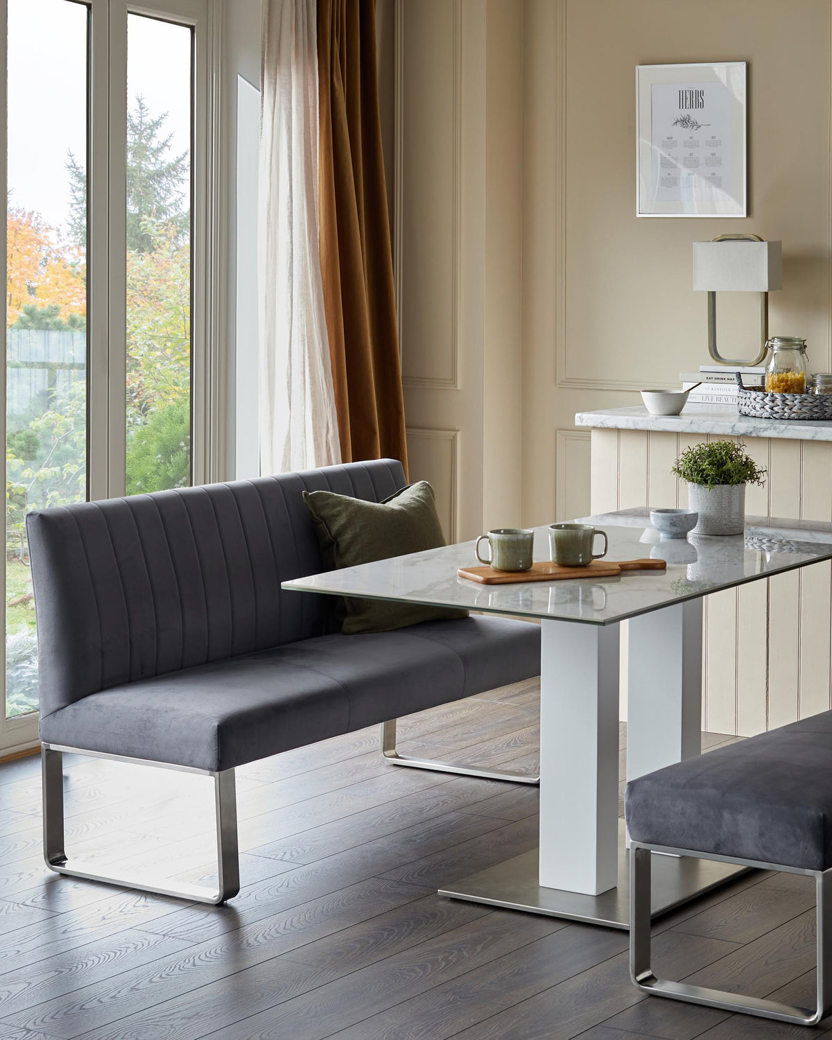 Ophelia 3 Seater Dark Grey Velvet Dining Bench With Backrest