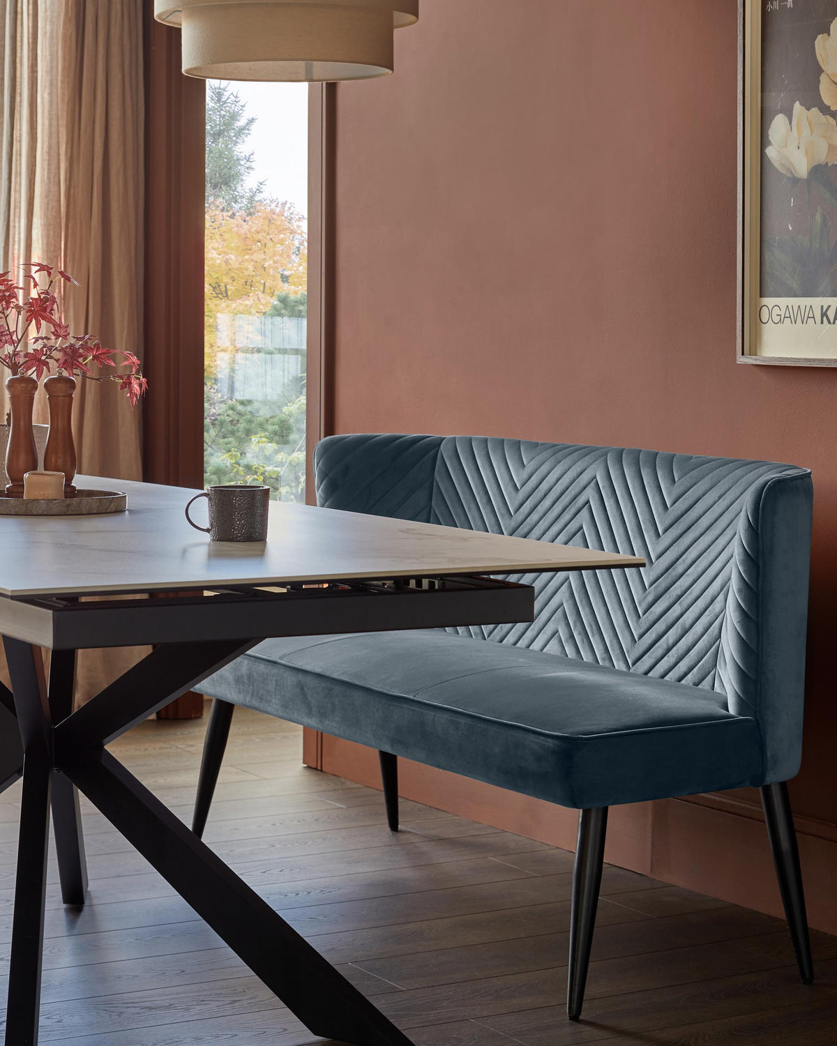 Serena blue grey velvet 3 seater dining bench