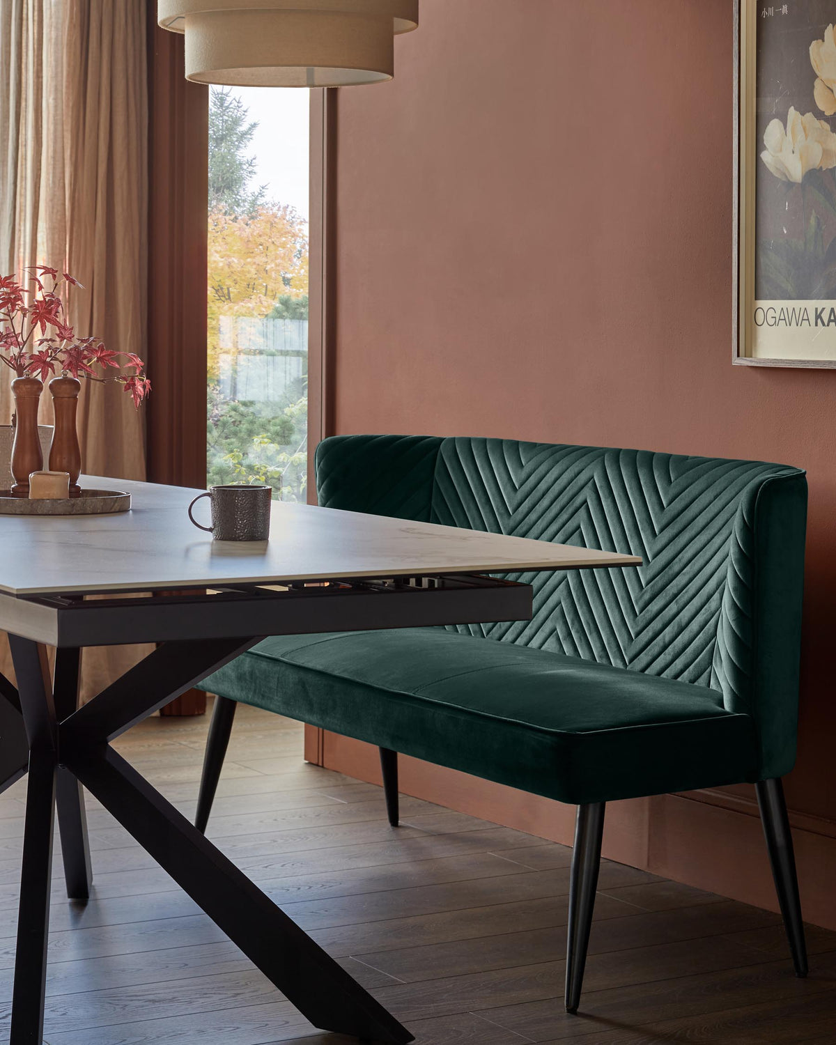 Serena dark green velvet 3 seater dining bench