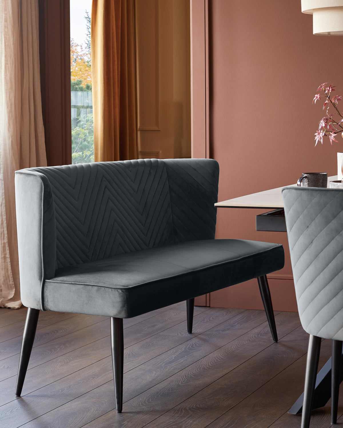 Serena dark grey velvet 3 seater dining bench