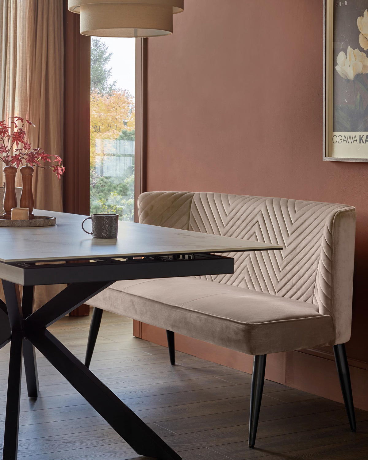Serena champagne velvet 3 seater dining bench