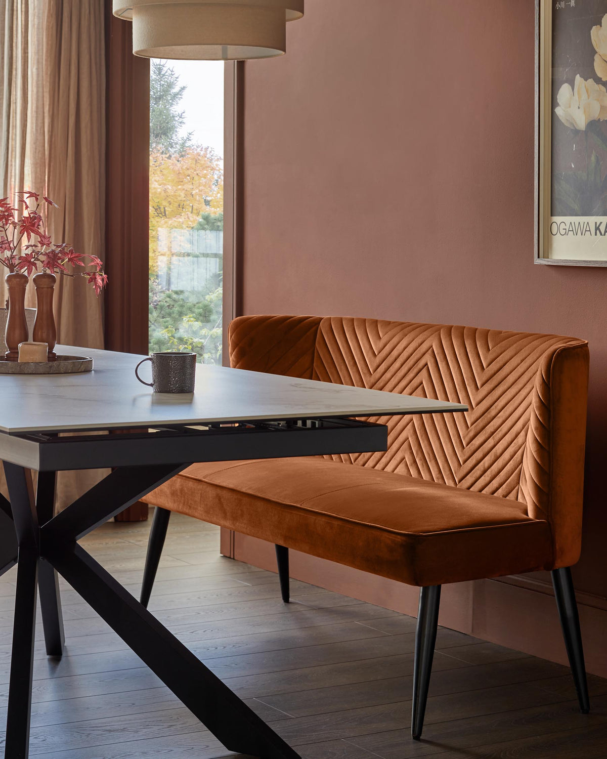 Serena rust velvet 3 seater dining bench
