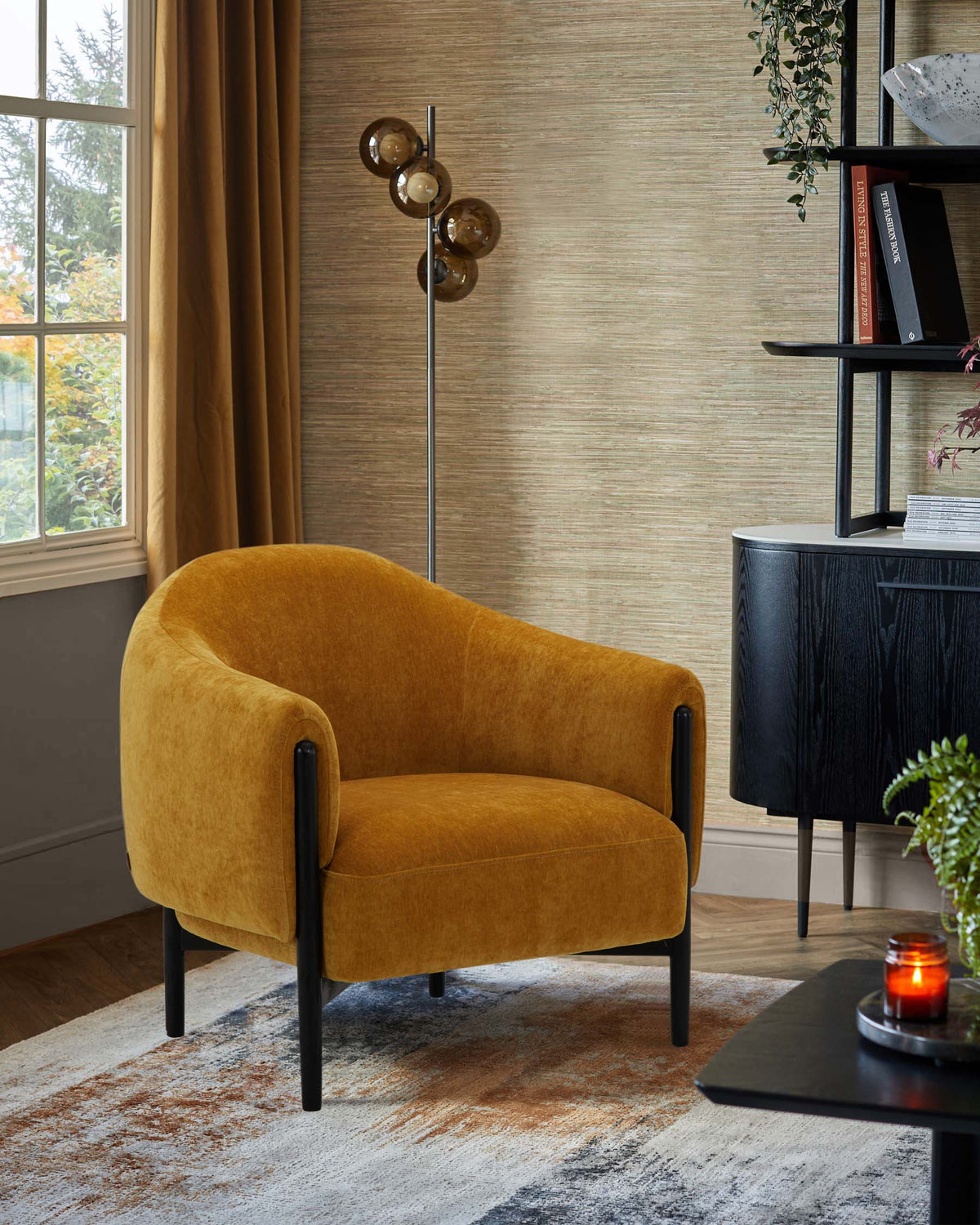 Tristan ochre fabric accent chair with black wood