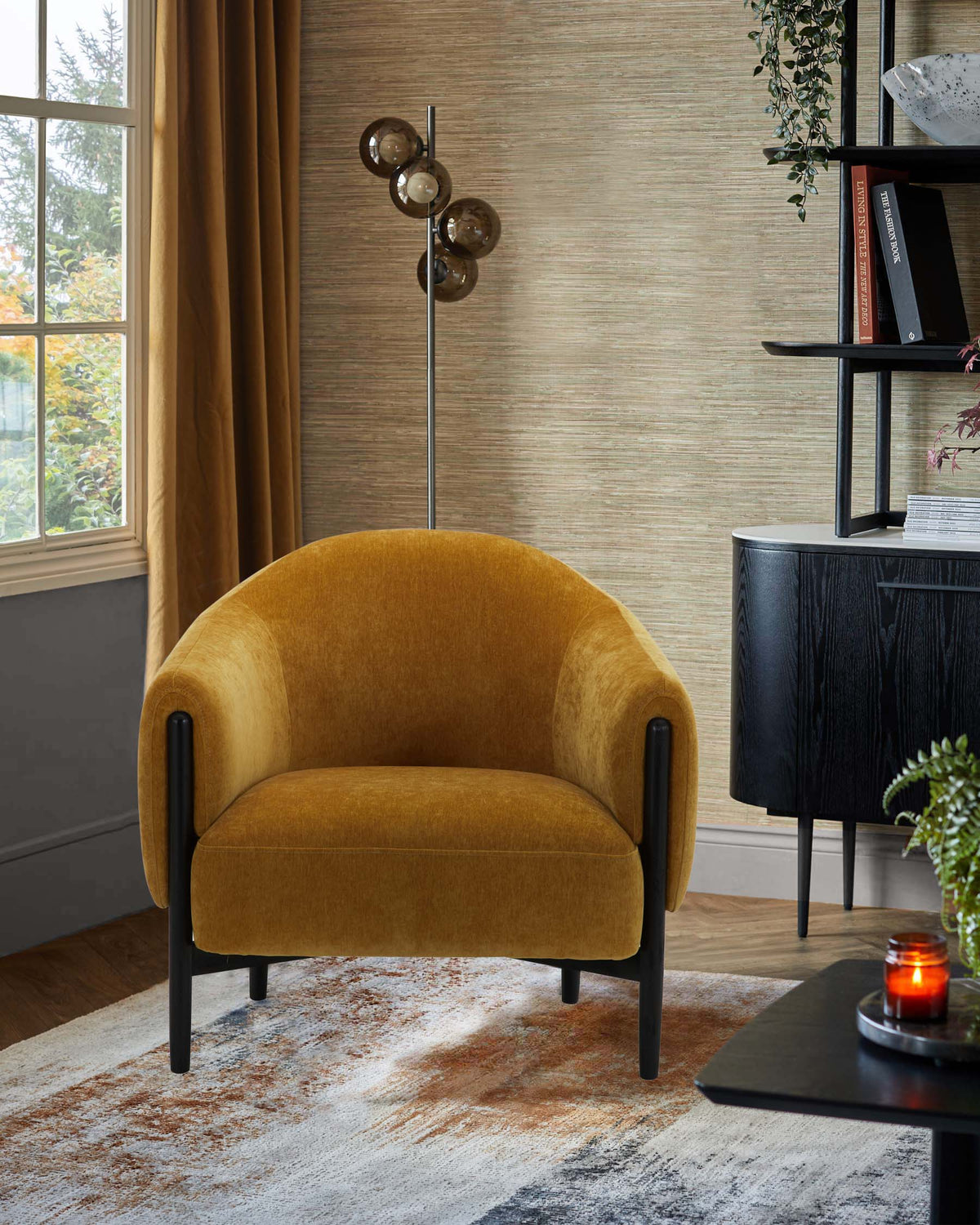 Tristan ochre fabric accent chair with black wood