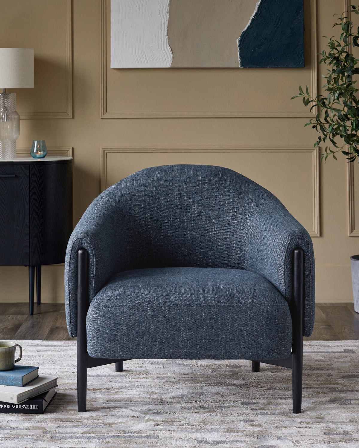 Tristan Blue Textured Weave Accent Chair with Black Wood