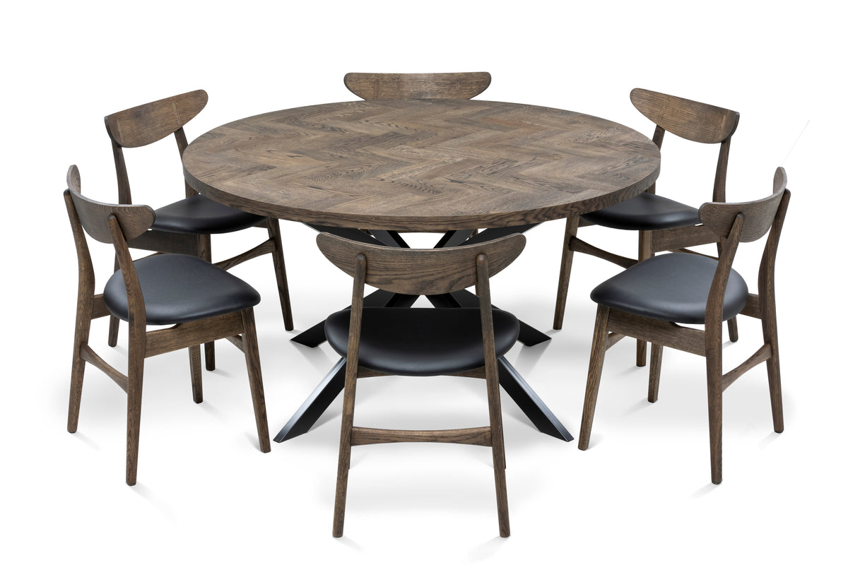 Astrid Round Extendable Parquet Dining Table in Dark Oak